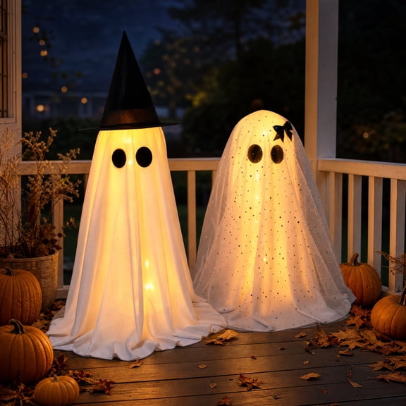 erdimoy LightUp Standing Couple Ghost Figurines, 28 Inch & 20.8 Inch LED Halloween Floor Decor for Window Display & Holiday Scene Setting