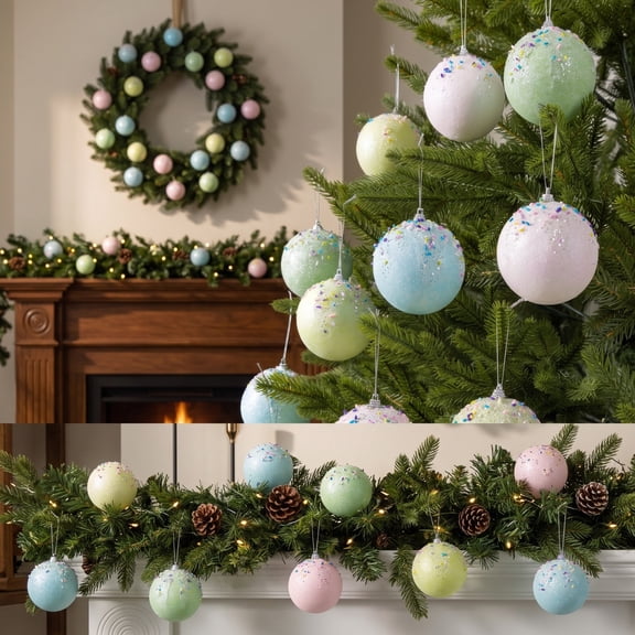 erdimoy Macaron Candy‑Color Foam Christmas Ball Ornaments Set, 2.36 Inch 12‑Pack Pastel Sprinkled Xmas Tree Hanging Baubles with Gift Box