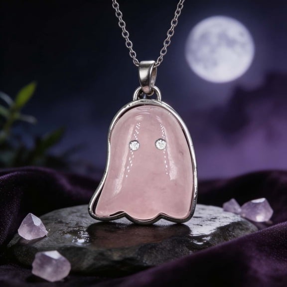 erdimoy Natural Crystal Ghost Pendant Necklace, Halloween SpookyCute Gemstone Ghost Charm HipHop Necklace for Men Women Holiday Jewelry Gift