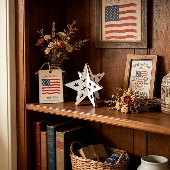 erdimoy Patriotic 3D Wooden Star Table Decor, 4.72" Red White & Blue Cutout Star for 4th of July Mantel Display.