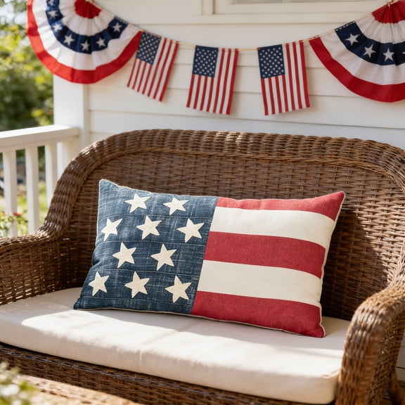 erdimoy Patriotic American Flag Lumbar Pillow Cover, 19.6" x 11.8" Vintage Washed Denim & Linen 4th of July Decor