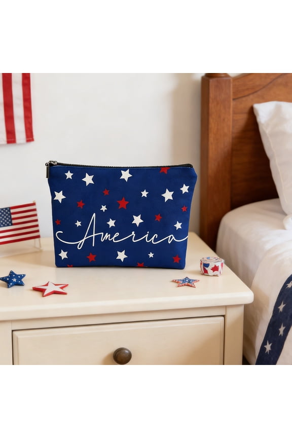 Patriotic Makeup Bag for Purse, Waterproof Funny Colorful American Stars Cosmetic Bag for Women, Zipper Travel Toiletry Pouch Gift 9.84×6.69 Inch