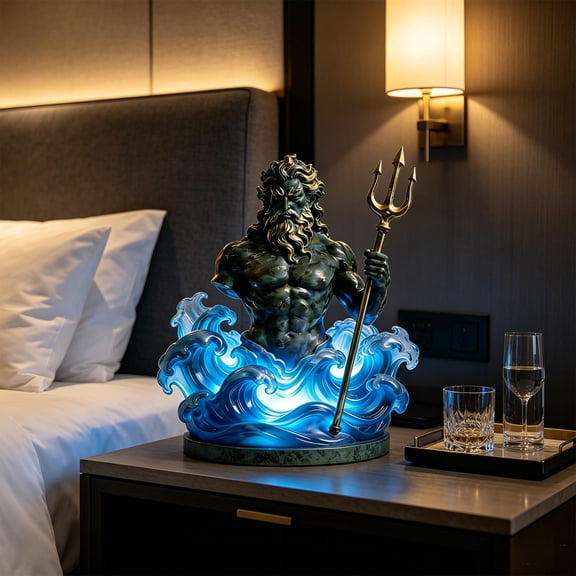 erdimoy Poseidon Bust Resin Statue Lamp, 7.68×7.28×5.51 in Greek God of the Sea Sculpture with LED Blue Wave Light, USB Powered Mythology Tabletop Night Light for Home Office Decor
