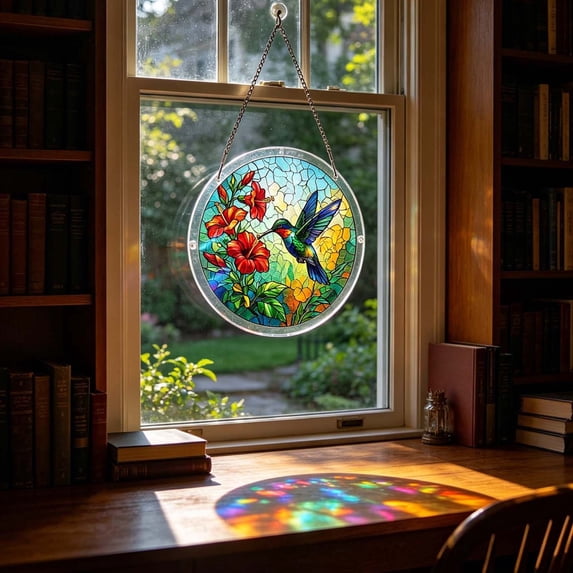 erdimoy Stained Glass Hummingbird Floral Acrylic Sun Catcher Jigsaw Puzzle, 7.4 Inch Window Hanging Rainbow Light Prism Ornament Home Garden Patio Decor