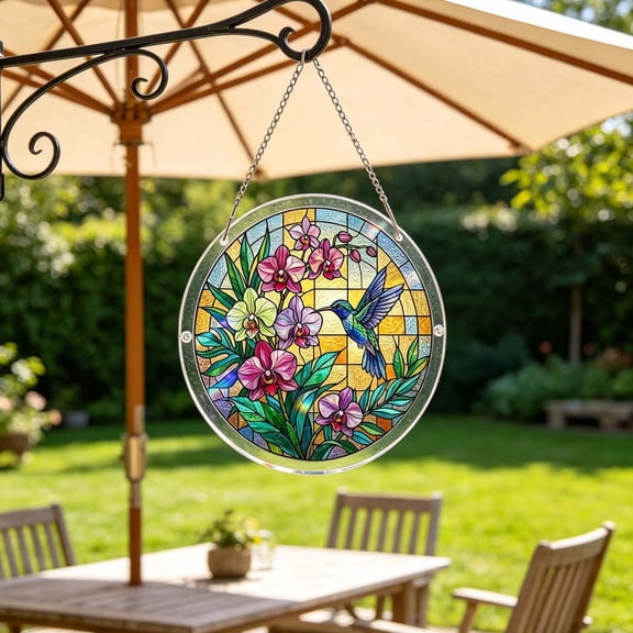 erdimoy Stained Glass Hummingbird Floral Acrylic Sun Catcher Jigsaw Puzzle, 7.4 Inch Window Hanging Rainbow Light Prism Ornament Home Garden Patio Decor