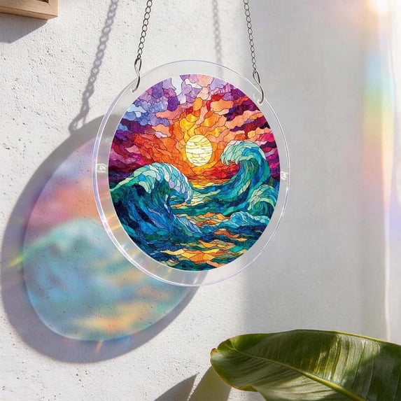 erdimoy Stained Glass Ocean Wave Sunset Acrylic Sun Catcher Jigsaw Puzzle, 7.4 Inch Window Hanging Rainbow Light Prism Ornament Mother's Day Gift Home Garden Coastal Decor