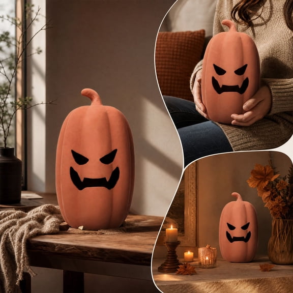 erdimoy Terracotta Flocked Jack‑O‑Lantern Pumpkin Decor, 7.09 in Tall Hollow‑Out Face Halloween Tabletop Figurine, Modern Fall Harvest Pumpkin Statue for Indoor Halloween Home Decor