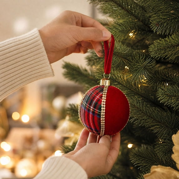 erdimoy Velvet Tartan Plaid Christmas Ball Ornaments, 3.15in Fabric‑Wrapped Bauble with Rhinestone Trim for Xmas Tree Decoration