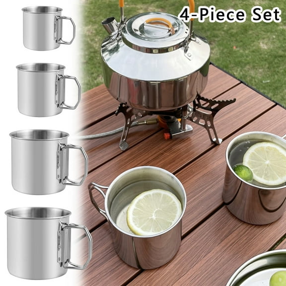 erfcxs 4 Pack Stainless Steel Camping Mugs with Foldable Handle for Outdoor Backpacking Travel and Picnic Activities 4PCS