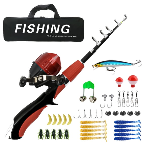 erfcxs Portable Telescopic Fishing Rod Kit 1.2m Set With Reel & Carry Bag Compact For Youth & Beginners (Red/Blue/Gray)