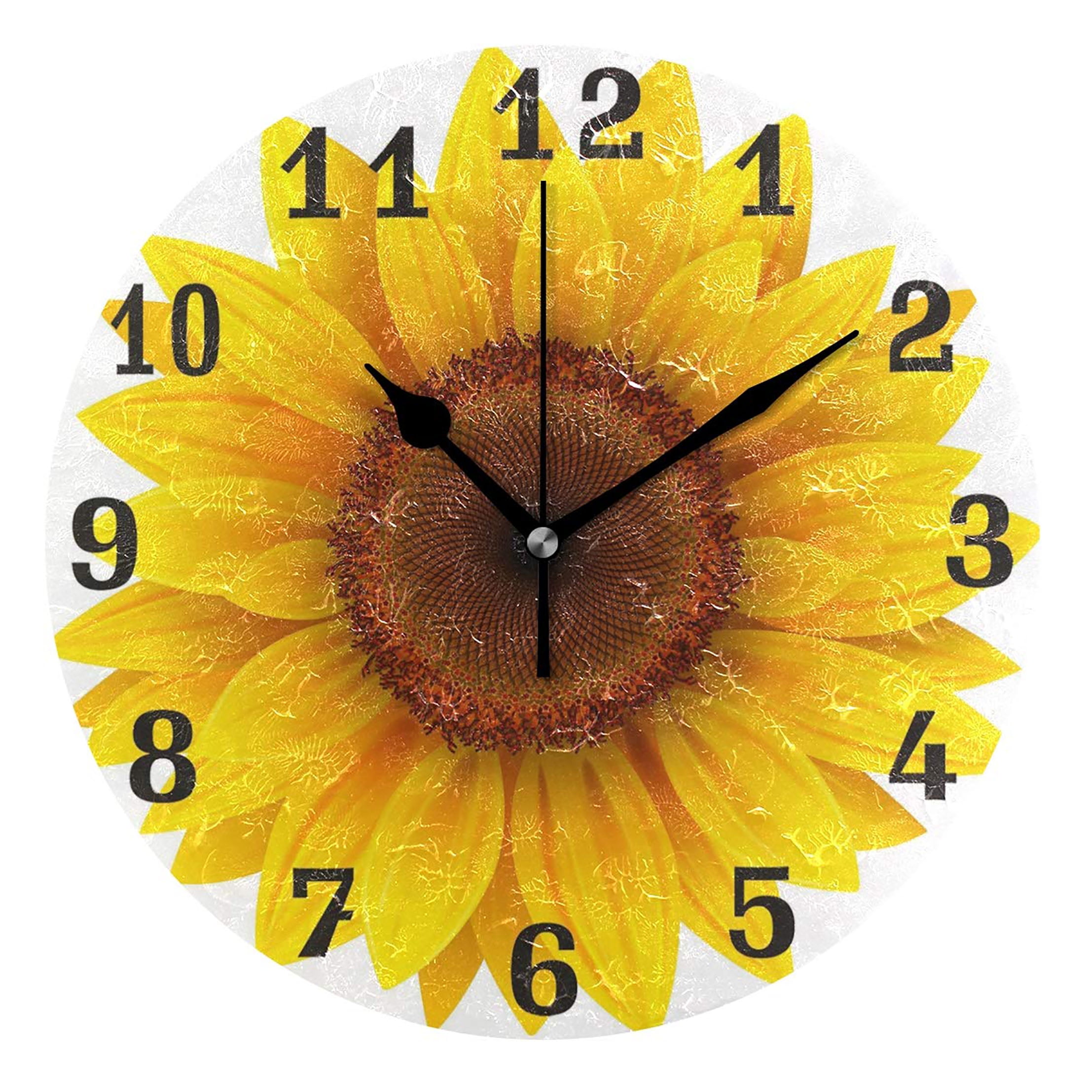 erolrail Floral Flower Sunflower Round Wall Clock, Silent Non Ticking for Living Room Kids Bedroom Office School Home Decor 12IN