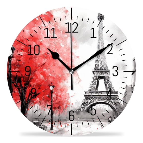 erolrail Rustic Wall Clock,Silent Non Ticking Wall Clocks for Living Room,Bedroom,Kitchen 12IN Oil Painting Paris Black White and Red Modern Art Cute Drawing