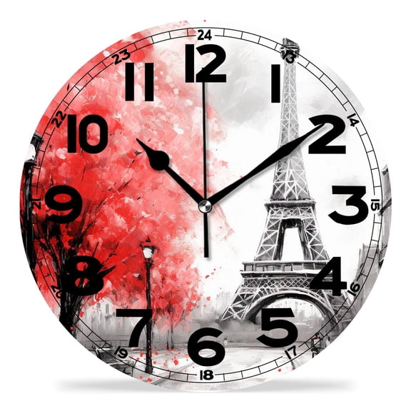 erolrail Rustic Wall Clock,Silent Non Ticking Wall Clocks for Living Room,Bedroom,Kitchen 12IN Oil Painting Paris Black White and Red Modern Art Cute Drawing