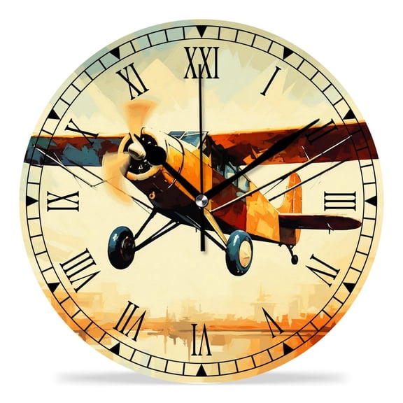 erolrail Rustic Wall Clock,Silent Non Ticking Wall Clocks for Living Room,Bedroom,Kitchen 12IN Airliner Cloud Plane Sunset Drawing