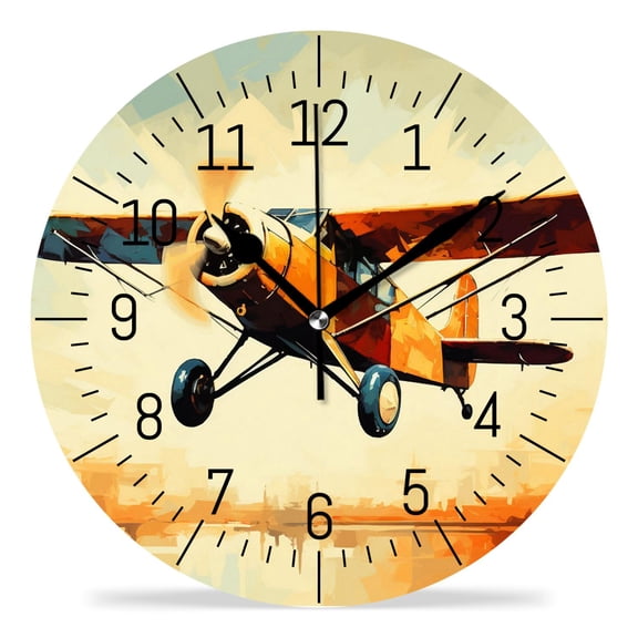 erolrail Rustic Wall Clock,Silent Non Ticking Wall Clocks for Living Room,Bedroom,Kitchen 12IN Airliner Cloud Plane Sunset Drawing