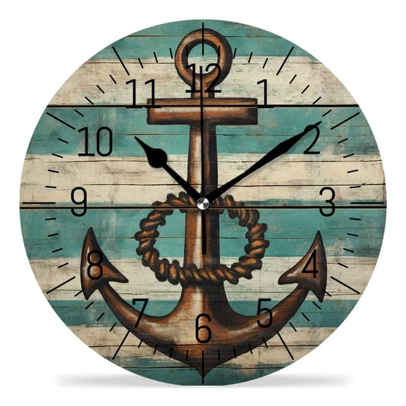 erolrail Rustic Wall Clock,Silent Non Ticking Wall Clocks for Living Room,Bedroom,Kitchen 12IN Anchor on Wooden Plank Rustic Multicolor
