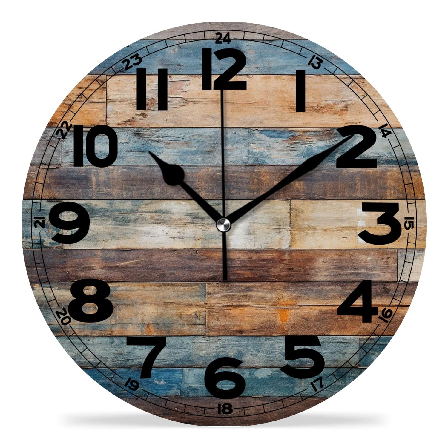 erolrail Rustic Wall Clock,Silent Non Ticking Wall Clocks for Living Room,Bedroom,Kitchen 12IN Blue Brown Planks Wooden Art