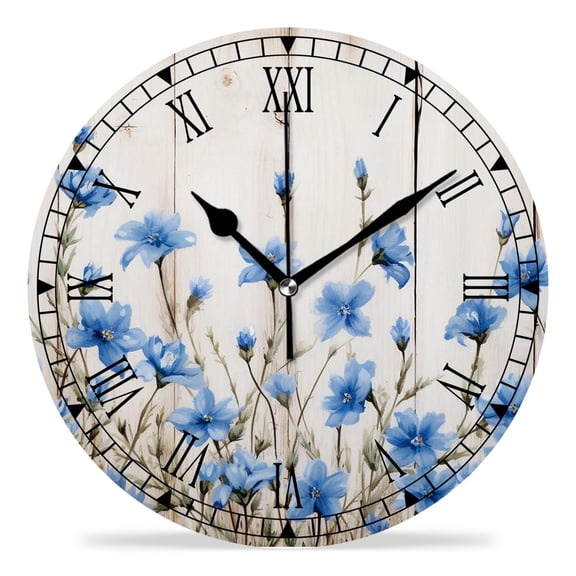 erolrail Rustic Wall Clock,Silent Non Ticking Wall Clocks for Living Room,Bedroom,Kitchen 12IN Blue Flowers With Insects Image
