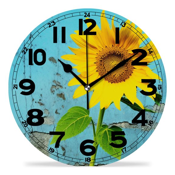 erolrail Rustic Wall Clock,Silent Non Ticking Wall Clocks for Living Room,Bedroom,Kitchen 12IN Blue Sunflower Blossom Artwork