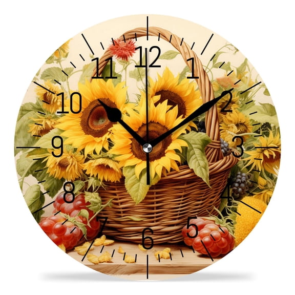 erolrail Rustic Wall Clock,Silent Non Ticking Wall Clocks for Living Room,Bedroom,Kitchen 12IN Bouquet of Sunflowers and Roses In Basket Picture