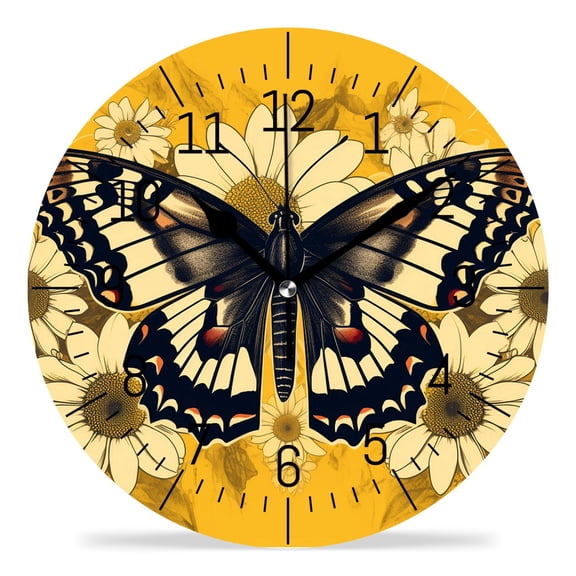 erolrail Rustic Wall Clock,Silent Non Ticking Wall Clocks for Living Room,Bedroom,Kitchen 12IN Butterfly Daisy Yellow Image
