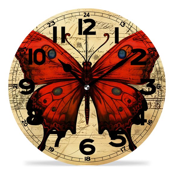 erolrail Rustic Wall Clock,Silent Non Ticking Wall Clocks for Living Room,Bedroom,Kitchen 12IN Butterfly on Manuscript With Ink Stains Cute Pattern
