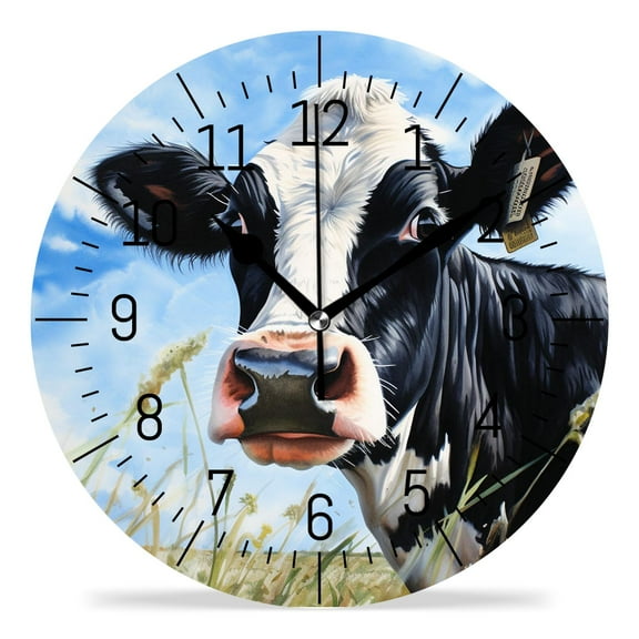 erolrail Rustic Wall Clock,Silent Non Ticking Wall Clocks for Living Room,Bedroom,Kitchen 12IN Cute Cow Oil Print Painting