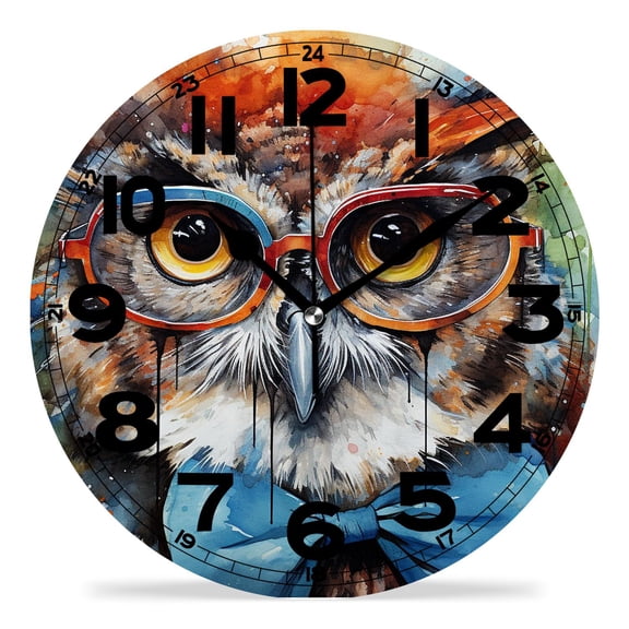 erolrail Rustic Wall Clock,Silent Non Ticking Wall Clocks for Living Room,Bedroom,Kitchen 12IN Cute Owl Bird With Glasses Watercolor Lovely