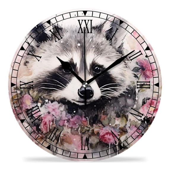 erolrail Rustic Wall Clock,Silent Non Ticking Wall Clocks for Living Room,Bedroom,Kitchen 12IN Cute Raccoon Flowers Colorful