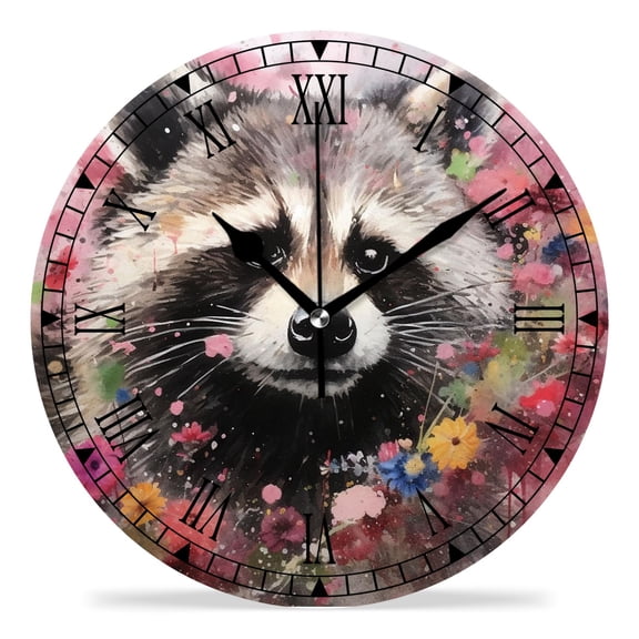 erolrail Rustic Wall Clock,Silent Non Ticking Wall Clocks for Living Room,Bedroom,Kitchen 12IN Cute Raccoon Flowers Elegant