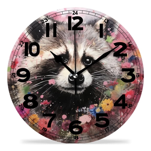 erolrail Rustic Wall Clock,Silent Non Ticking Wall Clocks for Living Room,Bedroom,Kitchen 12IN Cute Raccoon Flowers Elegant