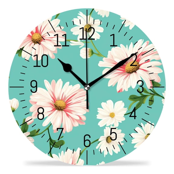 erolrail Rustic Wall Clock,Silent Non Ticking Wall Clocks for Living Room,Bedroom,Kitchen 12IN Daisy Flowers Polka Dot Green Drawing