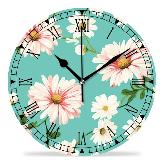 erolrail Rustic Wall Clock,Silent Non Ticking Wall Clocks for Living Room,Bedroom,Kitchen 12IN Daisy Flowers Polka Dot Green Drawing