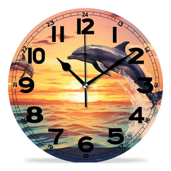 erolrail Rustic Wall Clock,Silent Non Ticking Wall Clocks for Living Room,Bedroom,Kitchen 12IN Dolphins Sunset Painting Creative Pattern