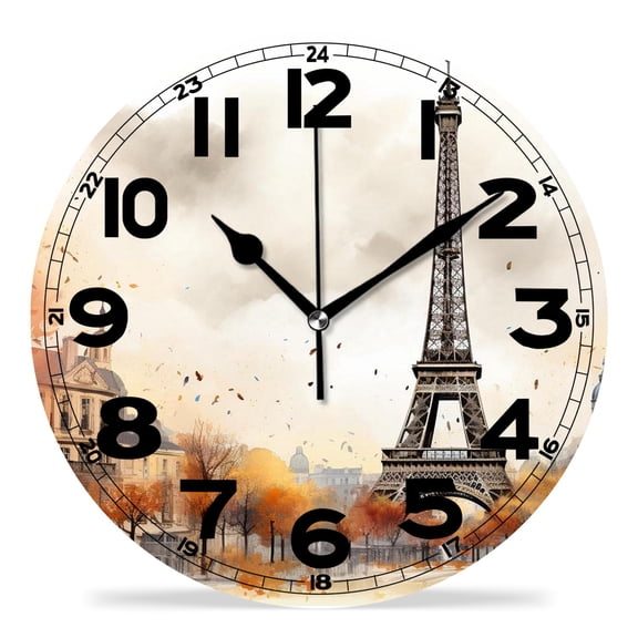 erolrail Rustic Wall Clock,Silent Non Ticking Wall Clocks for Living Room,Bedroom,Kitchen 12IN Eiffel Tower Maple Leaf Autumn Beautiful