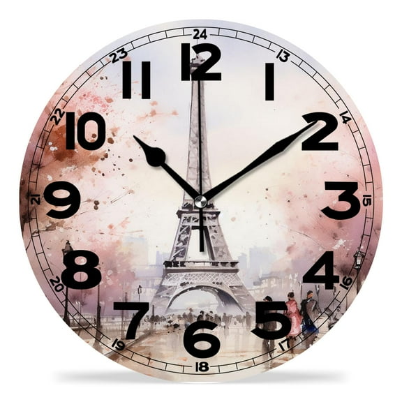 erolrail Rustic Wall Clock,Silent Non Ticking Wall Clocks for Living Room,Bedroom,Kitchen 12IN Eiffel Tower Pink Paris Cute Design