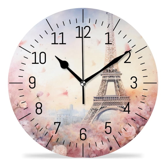 erolrail Rustic Wall Clock,Silent Non Ticking Wall Clocks for Living Room,Bedroom,Kitchen 12IN Eiffel Tower Pink Rose Street Exquisite