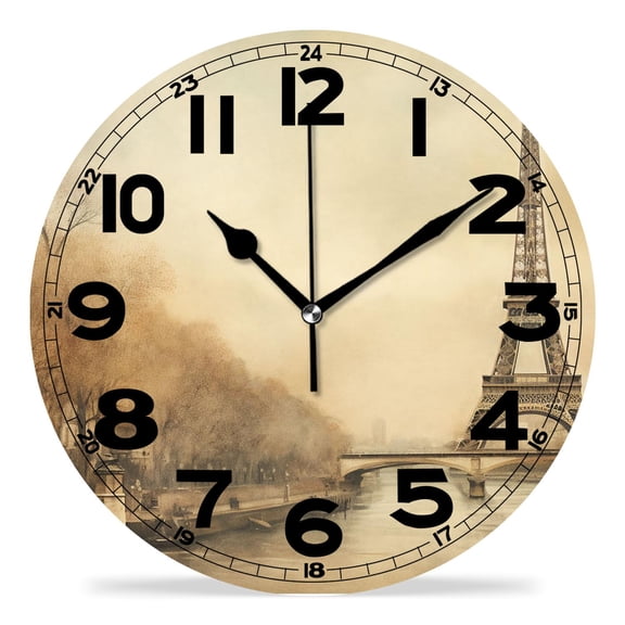 erolrail Rustic Wall Clock,Silent Non Ticking Wall Clocks for Living Room,Bedroom,Kitchen 12IN Eiffel Tower Retro Paris Cute Drawing