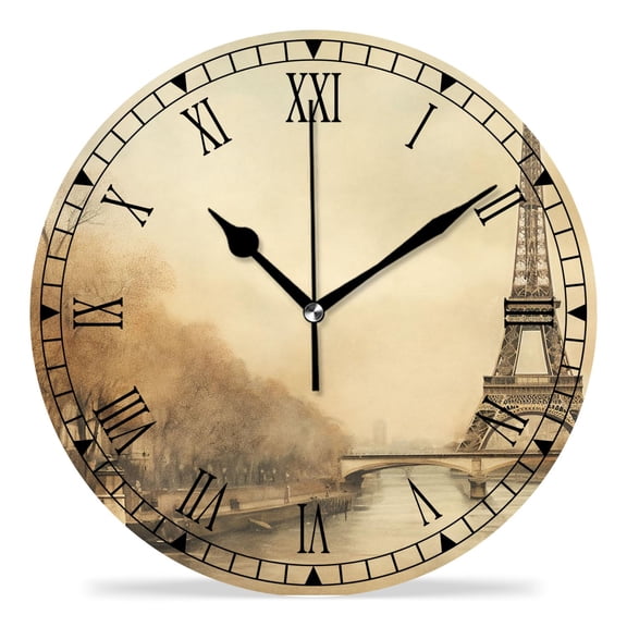 erolrail Rustic Wall Clock,Silent Non Ticking Wall Clocks for Living Room,Bedroom,Kitchen 12IN Eiffel Tower Retro Paris Cute Drawing