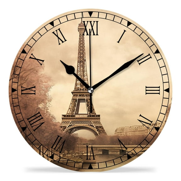erolrail Rustic Wall Clock,Silent Non Ticking Wall Clocks for Living Room,Bedroom,Kitchen 12IN Eiffel Tower Retro Paris Pattern