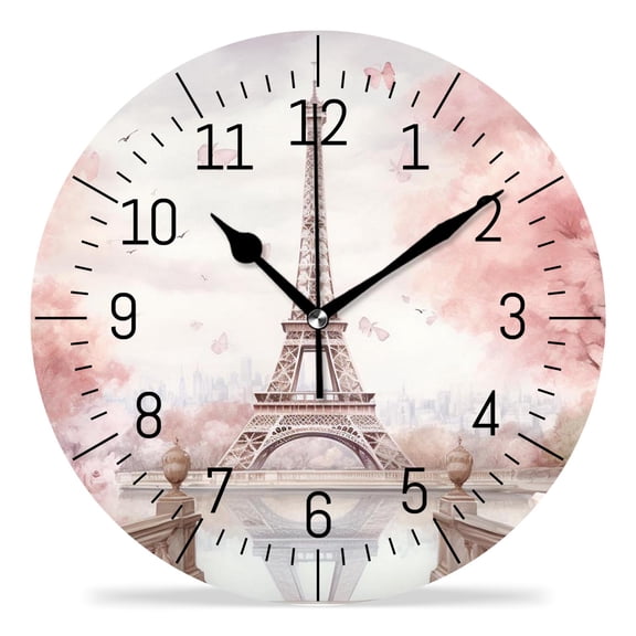 erolrail Rustic Wall Clock,Silent Non Ticking Wall Clocks for Living Room,Bedroom,Kitchen 12IN Eiffel Tower Rose Flower Vintage Print