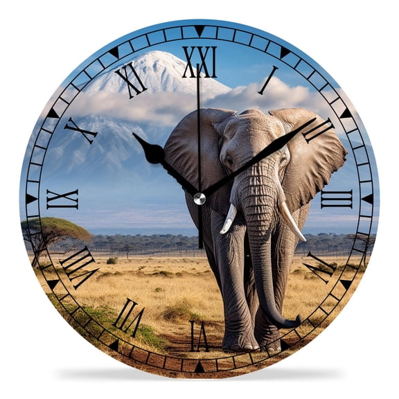 erolrail Rustic Wall Clock,Silent Non Ticking Wall Clocks for Living Room,Bedroom,Kitchen 12IN Elephants on Mount Kilimanjaro Drawing