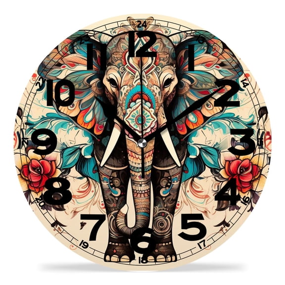 erolrail Rustic Wall Clock,Silent Non Ticking Wall Clocks for Living Room,Bedroom,Kitchen 12IN Ethnic Elephant Africa Style Design