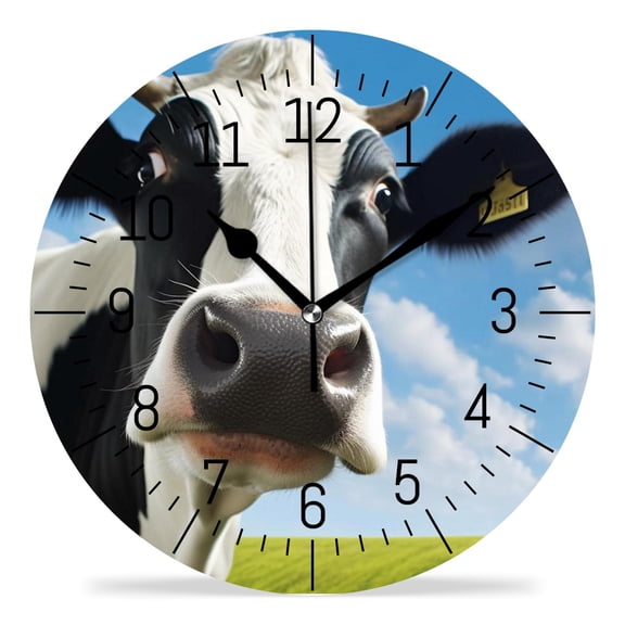 erolrail Rustic Wall Clock,Silent Non Ticking Wall Clocks for Living Room,Bedroom,Kitchen 12IN Funny Cow Green Meadow Image