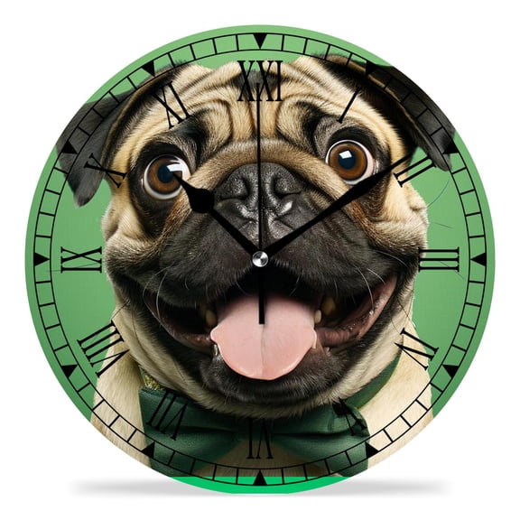 erolrail Rustic Wall Clock,Silent Non Ticking Wall Clocks for Living Room,Bedroom,Kitchen 12IN Funny Puppy Pug Dog Green Elegant Design
