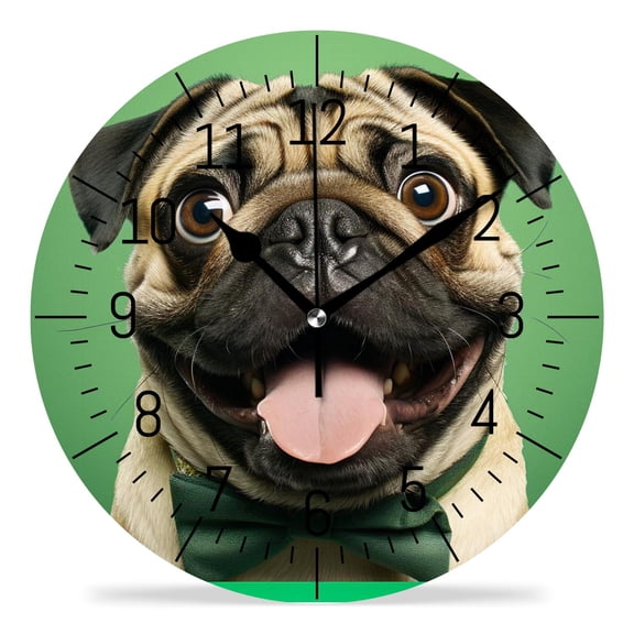 erolrail Rustic Wall Clock,Silent Non Ticking Wall Clocks for Living Room,Bedroom,Kitchen 12IN Funny Puppy Pug Dog Green Elegant Design