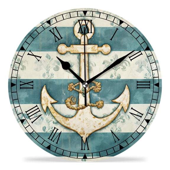 erolrail Rustic Wall Clock,Silent Non Ticking Wall Clocks for Living Room,Bedroom,Kitchen 12IN Gold Anchor Dots Stripes Printed Beautiful