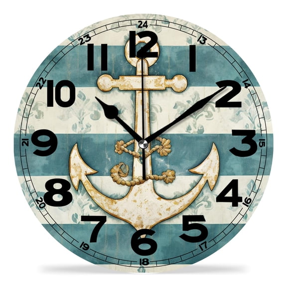 erolrail Rustic Wall Clock,Silent Non Ticking Wall Clocks for Living Room,Bedroom,Kitchen 12IN Gold Anchor Dots Stripes Printed Beautiful