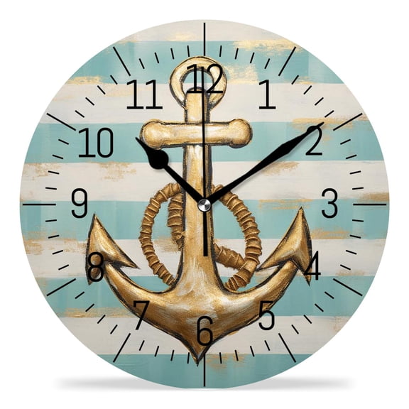 erolrail Rustic Wall Clock,Silent Non Ticking Wall Clocks for Living Room,Bedroom,Kitchen 12IN Gold Anchor Dots Stripes Printed Creative