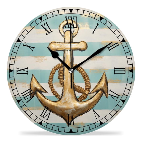 erolrail Rustic Wall Clock,Silent Non Ticking Wall Clocks for Living Room,Bedroom,Kitchen 12IN Gold Anchor Dots Stripes Printed Creative